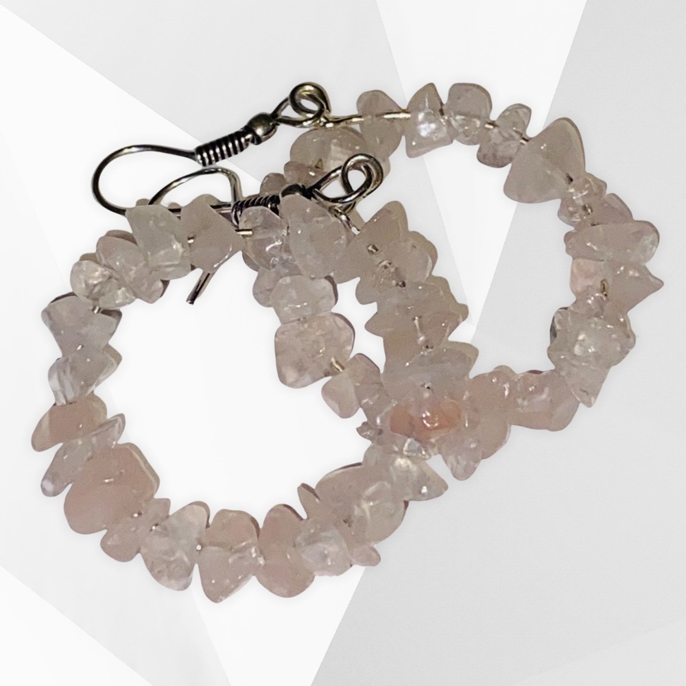 Hand Crafted Rose Quartz Chip Earrings Dangle Hoop Pink Stones Boho Pierced - Picture 3 of 7